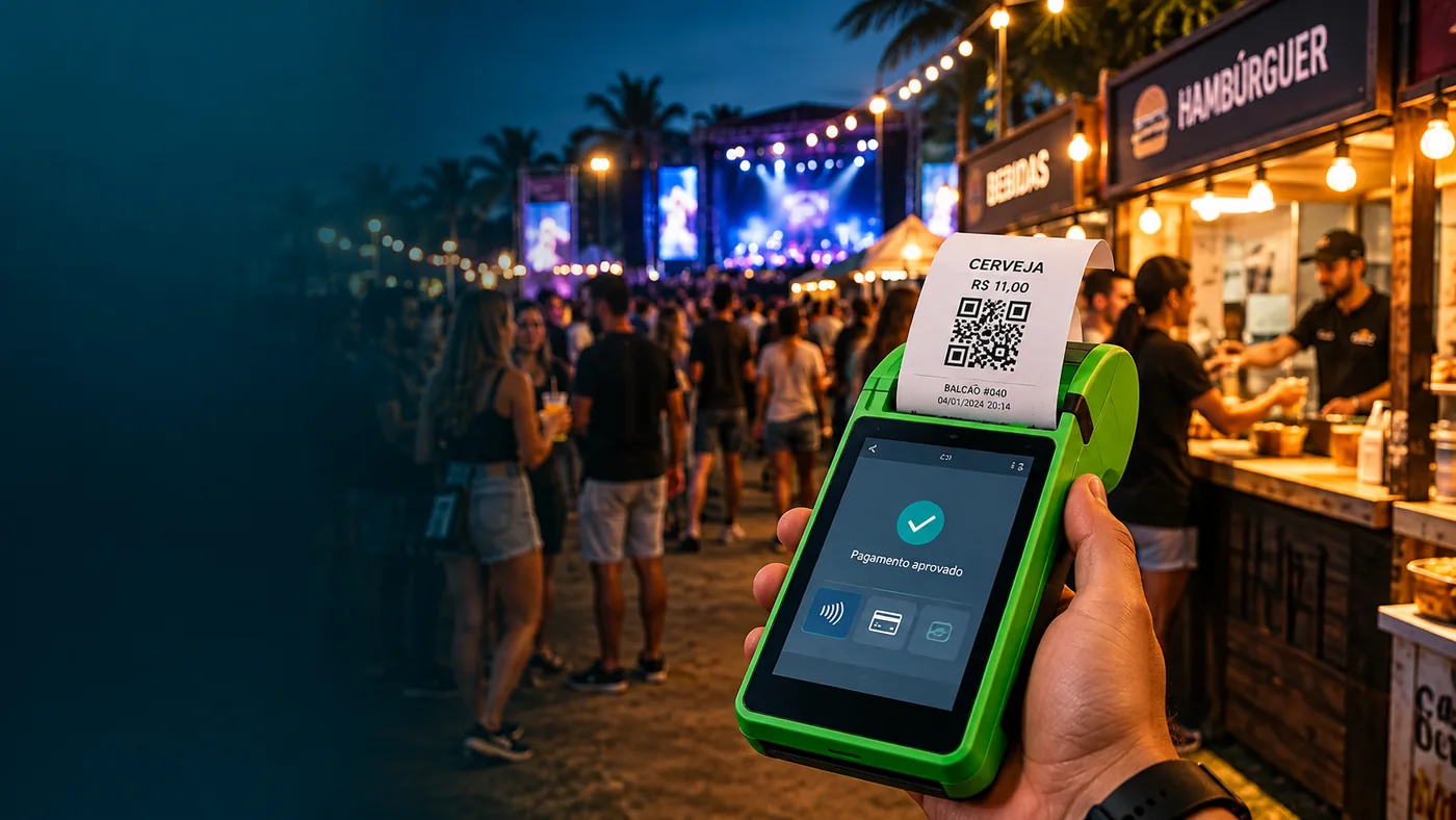 Evento com SmartPOS emitindo ticket individual com QR Code para retirada de produto