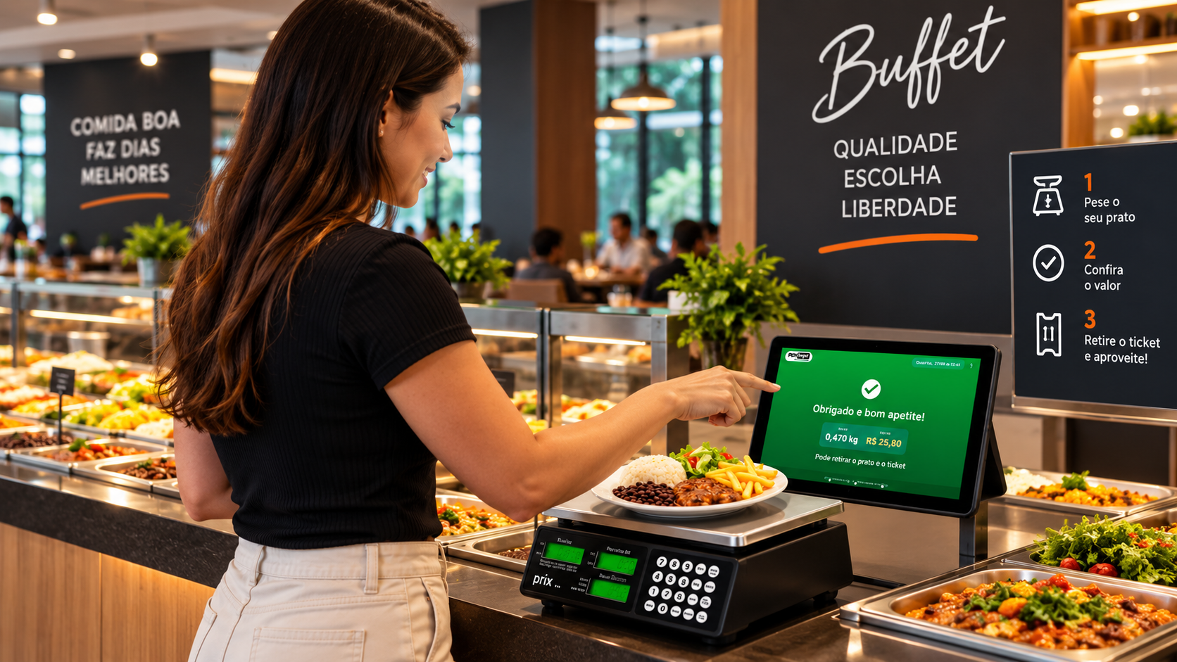 Cliente utilizando balança autônoma com tablet em restaurante self-service