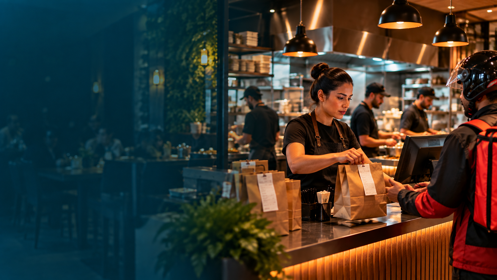 Restaurante preparando pedido de delivery para retirada por entregador