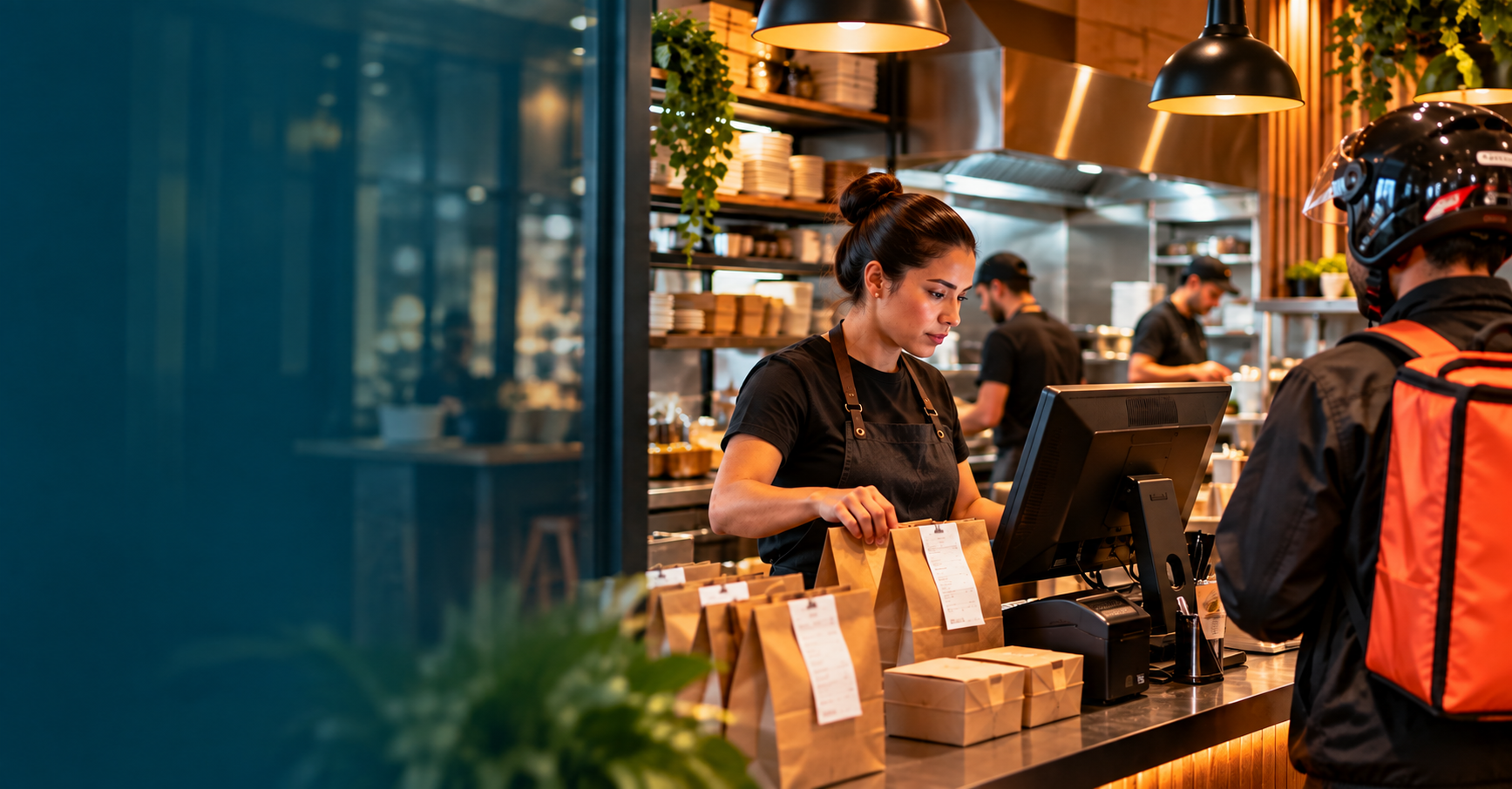 Restaurante organizando pedidos para retirada por entregador