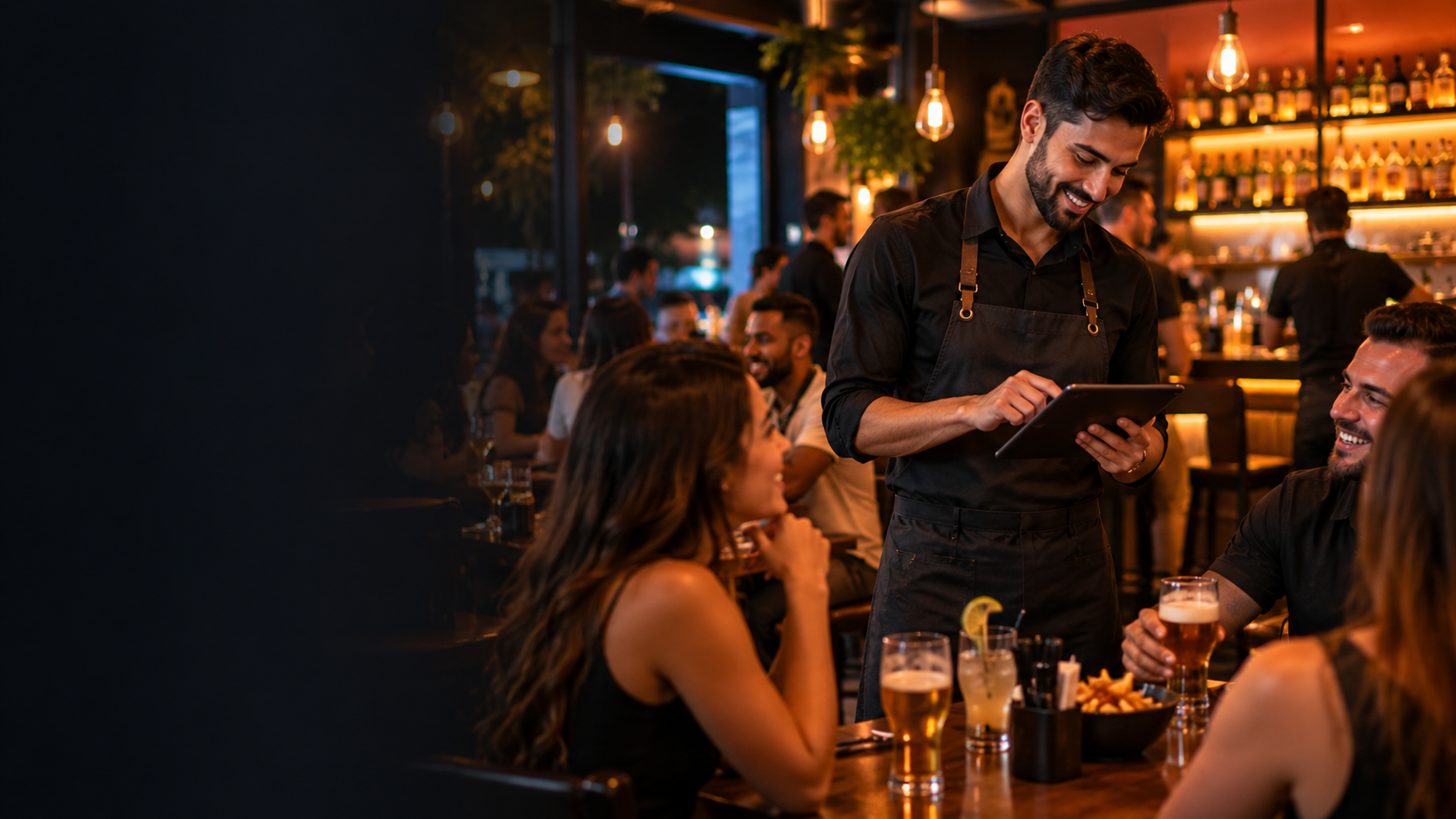 Atendente registrando pedidos em tablet durante atendimento em bar movimentado