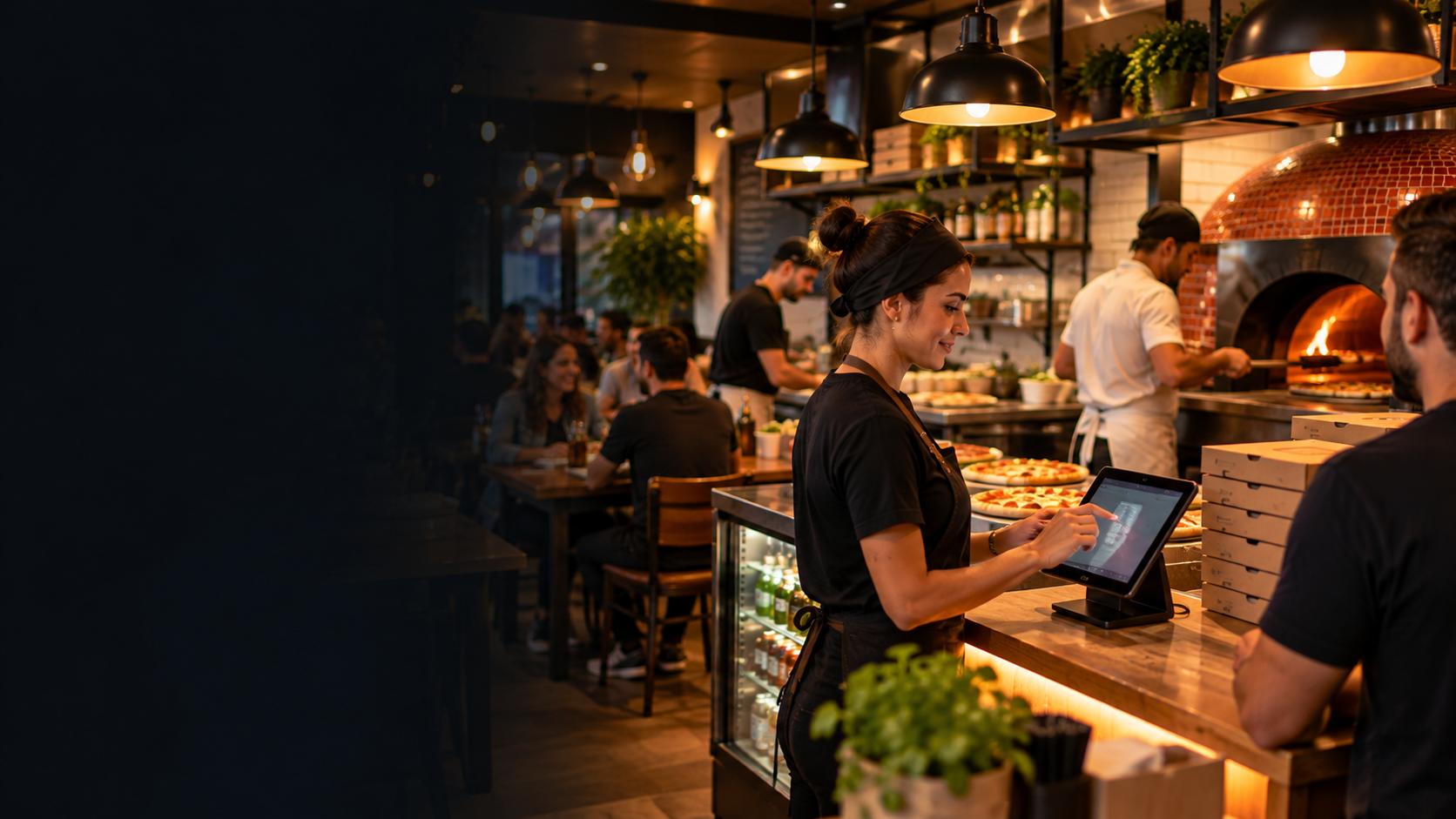 Atendente registrando pedido em uma pizzaria movimentada com produção ao fundo
