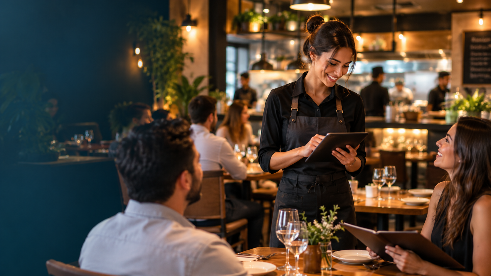 Garçonete utilizando tablet durante atendimento em restaurante moderno